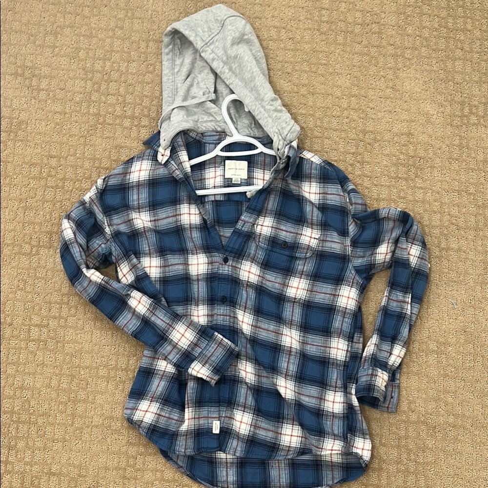 American Eagle Plaid Blue and Gray Hoodie Shirt
